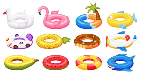 Swimming ring. Inflatable pool accessories, floating rubber toys watermelon, pineapple, donut, flamingo. Cartoon summer swim ring vector set. Rescuing bright elements for party pool - obrazy, fototapety, plakaty