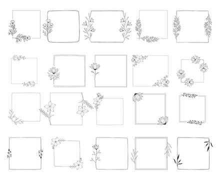 Set of hand drawn square frames with flowers, leaves, herbs. Vector botanical borders for wedding and branding design.