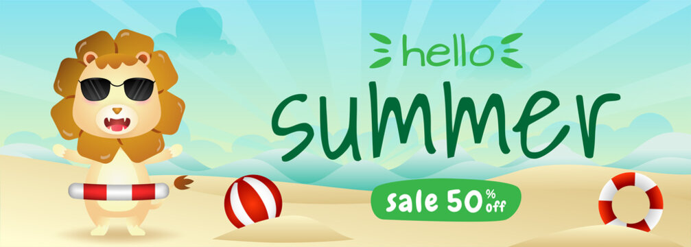 summer sale banner with a cute lion using lifebuoy ring