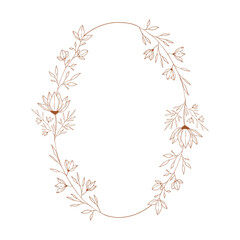 Elegant oval frame with botanical illustrations. Wedding hand drawn design. Vector.