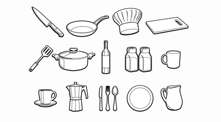 Kitchen Icon Set. Set of black and white isolated illustrations of kitchenware