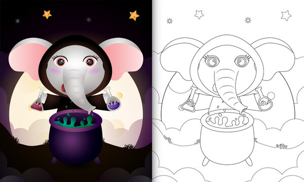 coloring book with a cute elephant using costume witch halloween