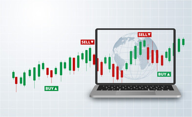Stock Forex trading exchange of world trading online with laptop. Buy and sell signals. White background. Vector.