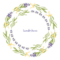 Fototapeta na wymiar Set violet Lavender beautiful floral frames template in flat watercolor style isolated on white background for decorative design, wedding card, invitation, travel flayer. Botanical illustration