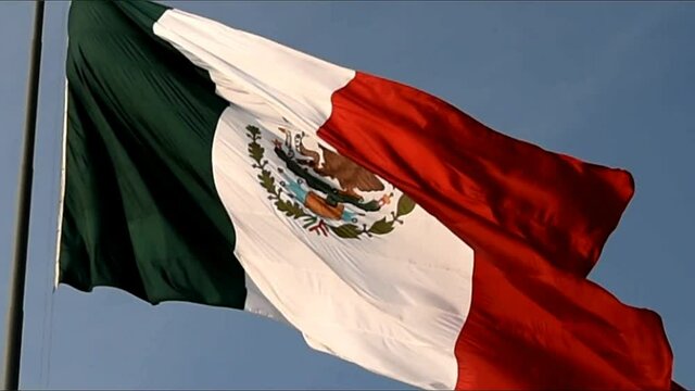 Mexican flag in the wind, Mexican coat of arms in the foreground