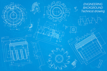 Mechanical engineering drawings on blue background. Cutting tools, milling cutter. Technical Design. Cover. Blueprint. Vector illustration.