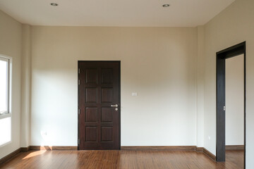 abstract brown open and close door in dark light. sad and alone emotion in empty house. vacancy property white wall background.
