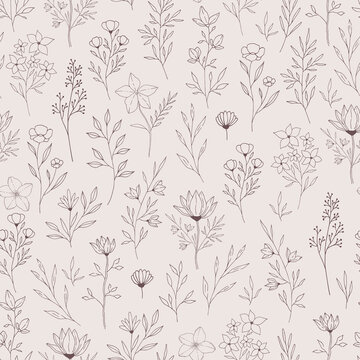 Seamless botanical pattern with flowers, leaves and herbs. Vector illustration.