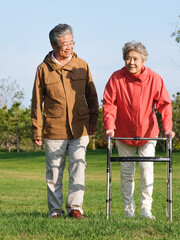 Happy old couple walking in the park