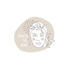 Design for sticker, banner. Vector illustration in a hand-drawn style. Abstract shape background, dots, girl's face, plant and inscription. 