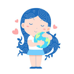 Cartoon illustration of  girl hugging the world, earth day, world humanitarian day, world peace day.