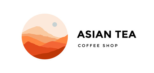 Obraz premium Logo, logotype, sign. Asian tea, coffee shop. Logo with abstract landscape mountain, sky and sunset view. Minimalist style landscape view, mountain, hill and sun. Abstract style. Vector Illustration