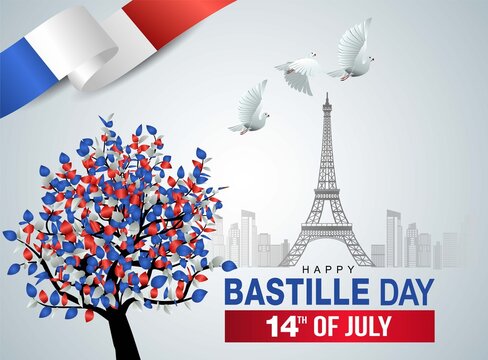 Vector - 14th of July Happy bastille Day French flag and pigeon flying on white background