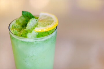 Lemon and mint lemonade fresh cold beverage, non-alcoholic drink, closeup