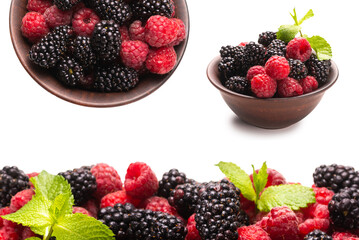 Raspberry, blackberry and mint leaf in ceramic brown bowl isolated on white