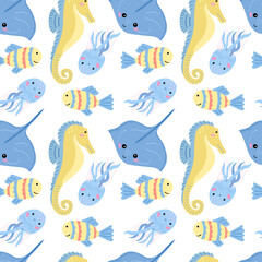 Seamless pattern with cute cartoon sea animals, vector graphics on a white background. For the design of childrens wallpaper, clothing, textiles, covers, wrapping paper, packaging.