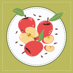 Round white label on a green background with red apples and apple slices and leaves. Vector drawing. - 441979973