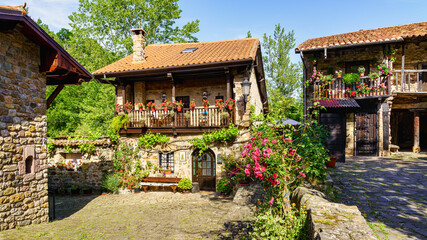 Picturesque stone houses in mountain village with plants and flowers. Barcena mayor.