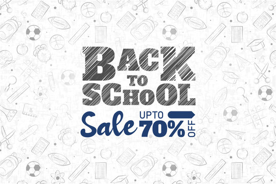 back to school sale banner background. back to school written in black board with hand drawn vector doodle patterns