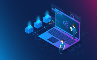Isometric laptop with technician fix system on icon background.Futuristic concept.vector and illustration