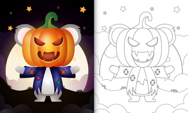 coloring book with a cute koala using costume scarecrow and pumpkin halloween