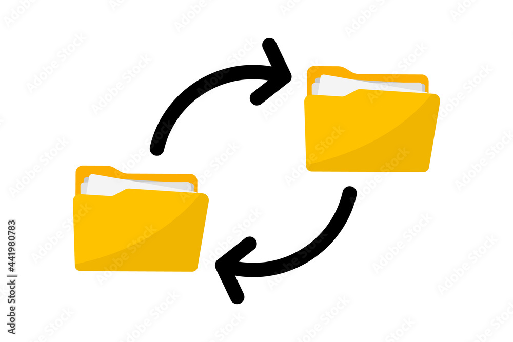 Poster Files transfer. Transfer of documentation. Folders with paper files. File sharing. Move a file from folder to folder. Copy file. Document icon