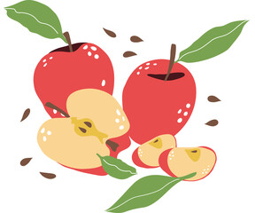 A composition of three red apples with leaves, half an apple and two slices. A sticker with fresh fruit. - 441980725