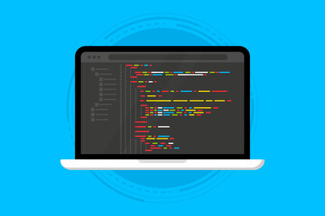 Programming language and program code on screen laptop. Programming coding. PHP, HTML, C++, CSS, Js. Programmer or developer create code programming. Software, web development, programming concept