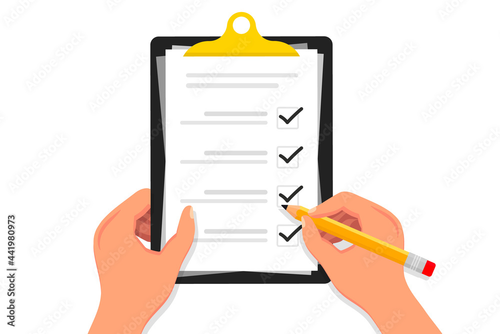 Leinwandbilder checklist. hands holding clipboard checklist with pencil. check list with tick mark. marking checkbo