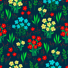 Floral pattern on a dark blue background: red bushes. blue and yellow flowers and green leaves. Drawing for the design of fabric, background, wrapping paper. - 441980964