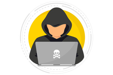Hacker, Cyber criminal with laptop stealing user personal data. Hacker attack and web security. Internet phishing concept. Man in black hood with laptop trying to cyber attack - obrazy, fototapety, plakaty