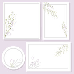 Mockup frames on a lilac light background with twigs and abstract figures in trendy colors