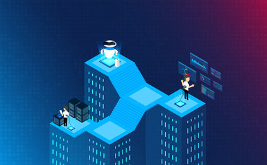 Isometric human connect with machine chip conceptual.Futuristic concept.vector and illustration