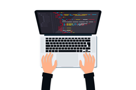 Programmer working on pc laptop with program code on screen top view. Web development, application design, coding and programming on computer concept with programming language and program code