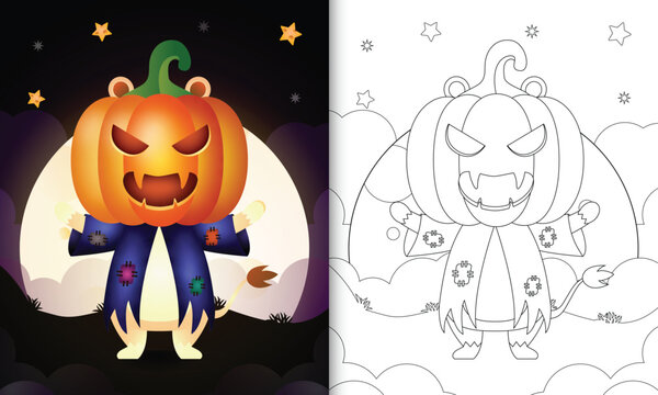 coloring book with a cute lion using costume scarecrow and pumpkin halloween