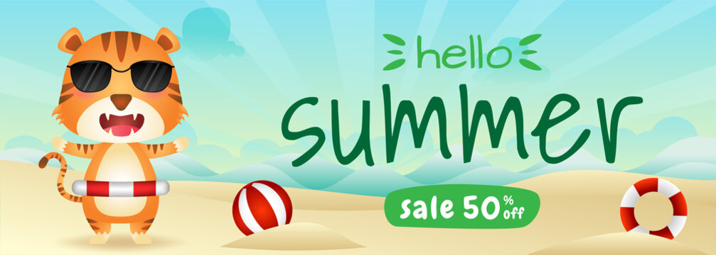 summer sale banner with a cute tiger using lifebuoy ring