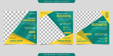 Creative design collection of social media story post templates on green and yellow background. Great for business webinar, marketing webinar, online class program, etc.