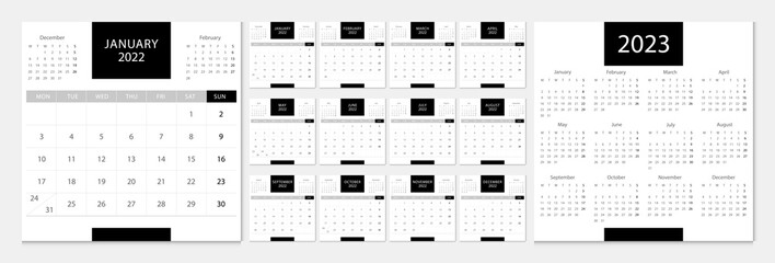 Calendar 2022 week start Monday corporate design template vector.