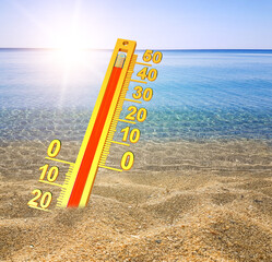 hot forty degrees temperature beach sand sea summer - obrazy, fototapety, plakaty