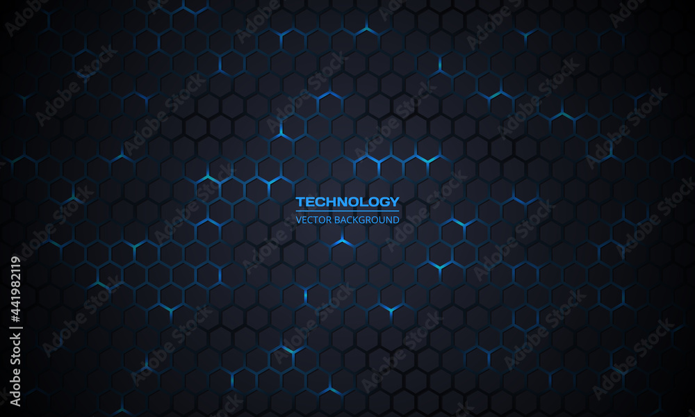 Aufkleber Dark technology hexagonal vector background. Abstract blue bright energy flashes under hexagon in dark technology modern futuristic background vector illustration. Dark gray honeycomb texture grid.