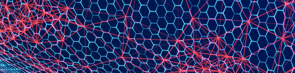 Technology background. Honeycomb concept. Big data. Hexagonal space with connected dots and lines. 3d