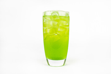 Green fresh cocktail smoothie jusice in glass with ice isolated on white. vitamin drink detox