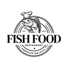 Fish with Hat Chef Food Restaurant Vintage Logo Vector Illustration Template Icon Design