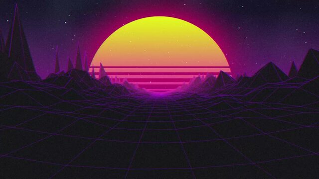 An awesome Retrowave 80's themed motion background with a vintage noisy feel of an abstract sun sunsetting over the polygon mountainous landscape that moves towards the camera