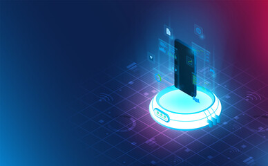 Futuristic smartphone on reactor for power connection. Complementary theme concept background.vector and illustration