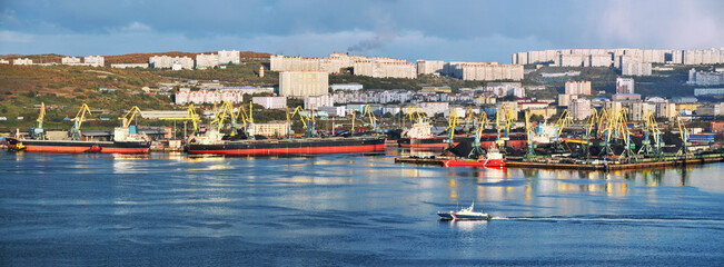 Panorama - Murmansk city, port, Kola Bay.