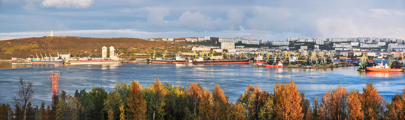 Fototapeta na wymiar Panorama - Murmansk city, port, Kola Bay.