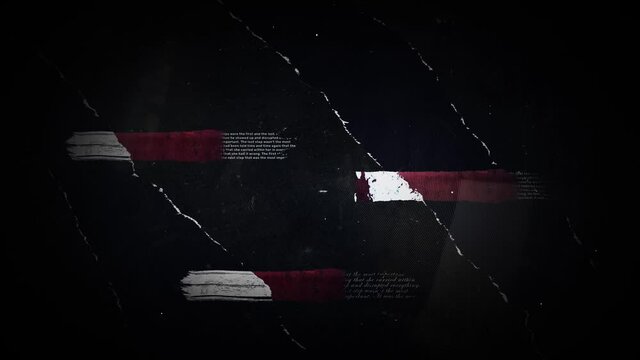A looping dark motion background of torn dark blue wall with abstract red and white painted lines that hover over messages written long ago during times of war and hardship