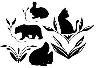 Squirrel, cat, bear, rabbit in beautiful foliage animals set. Vector graphics м