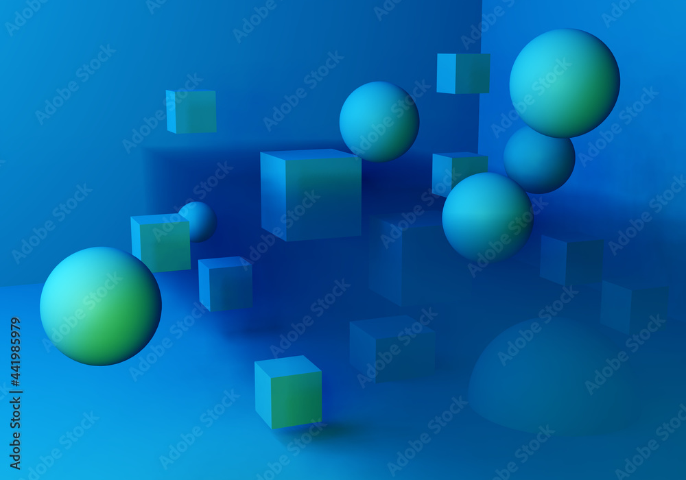 Poster background with balls and cubes. blue background with geometric elements. visualization of pattern w
